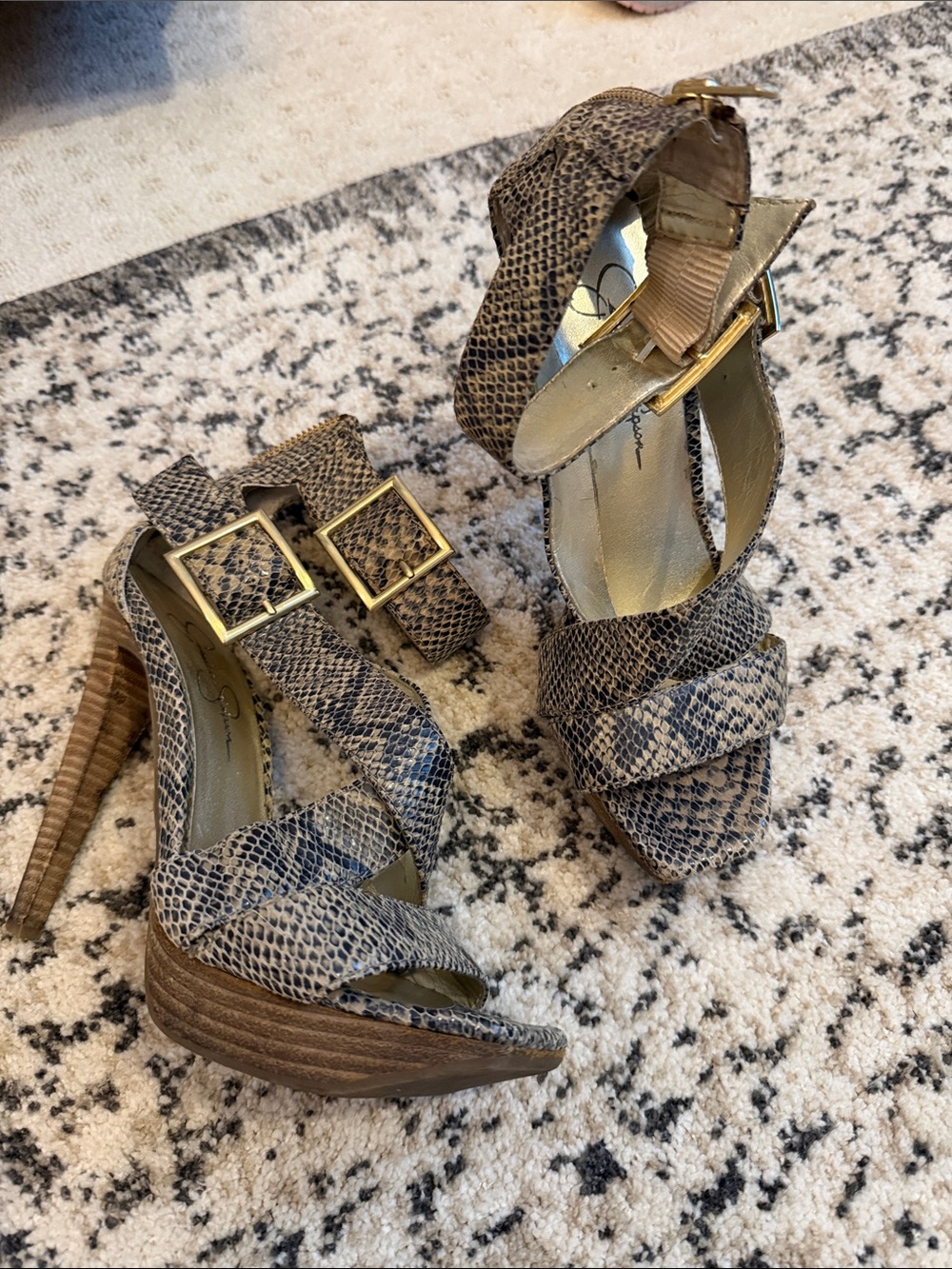 Jessica Simpson Snake-Print High Heel Sandals with Gold Buckles